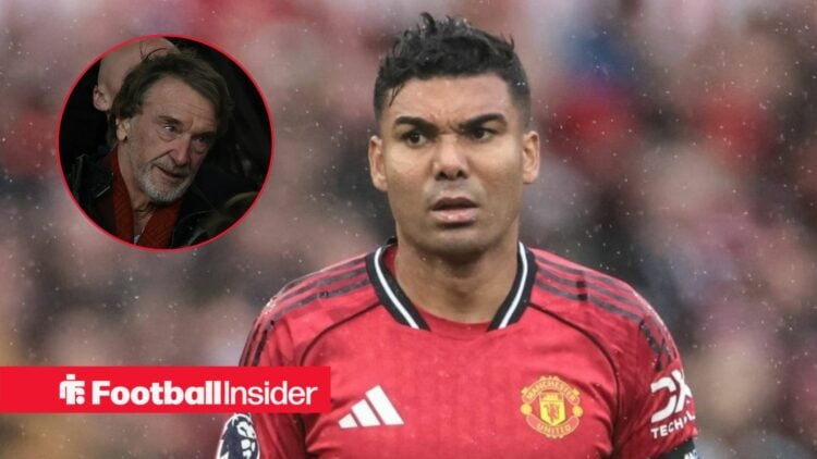 Casemiro in a Man United shirt with Sir Jim Ratcliffe included in a circular inset