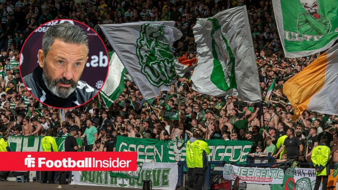 Celtic fans wave flags in the stands as Hearts manager Derek McInnes watches from a circular inset.