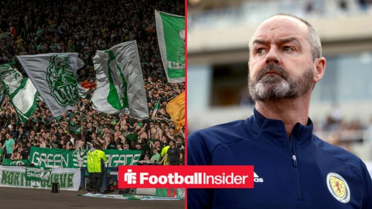 Celtic fans wave flags in the stands as Scotland manager Steve Clarke watches on.