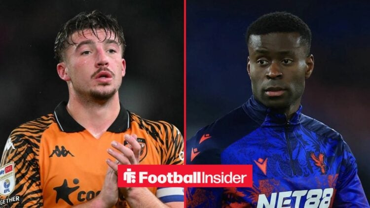 Charlie Hughes in action for Hull City, with Marc Guehi pre-match at Crystal Palace