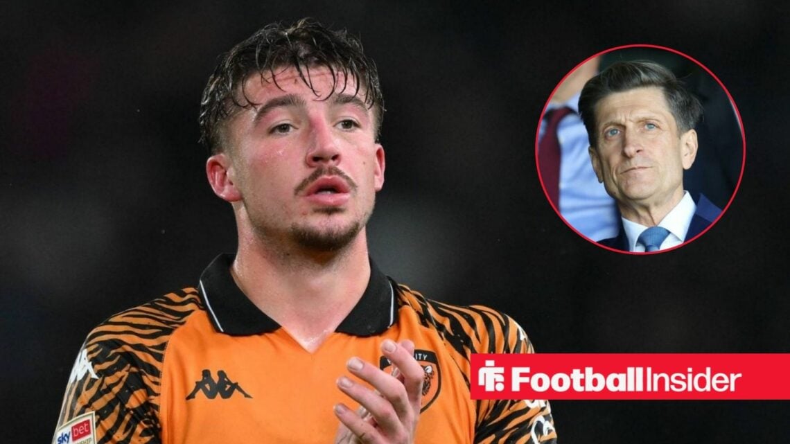 Charlie Hughes in action for Hull City with Steve Parish in a circular inset