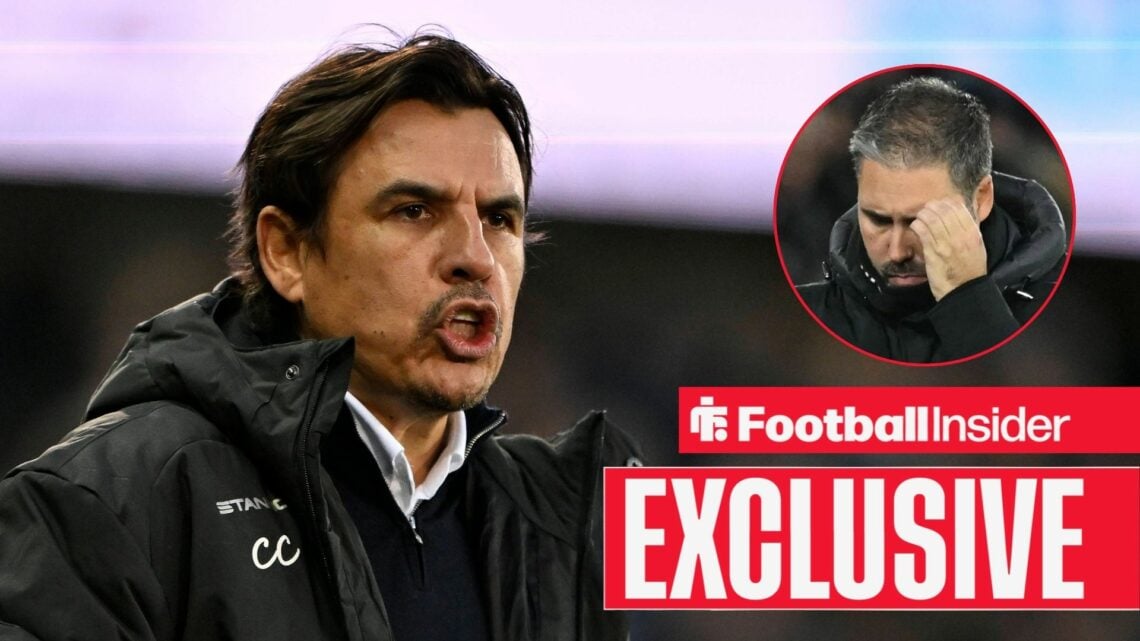 Chris Coleman on the sidelines with OH Leuven, with Marti Cifuentes in a circular inset