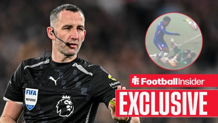 Chris Kavanagh as referee, Estevao wins a penalty in a circular inset