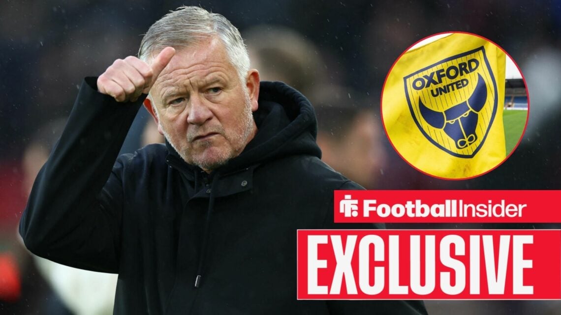 Football Insider exclusive as Sheffield United manager Chris Wilder sticks his thumb up towards the Oxford United badge, which features on a corner...