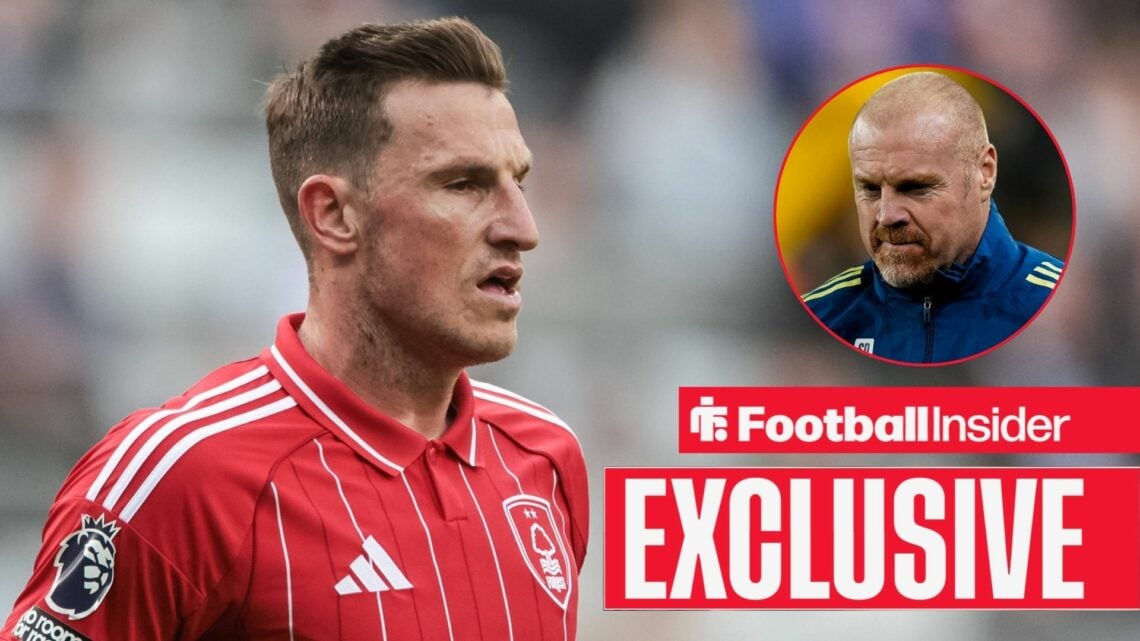 Football Insider exclusive as Chris Wood is in action during a game for Nottingham Forest, while manager Sean Dyche looks concerned in a circular i...