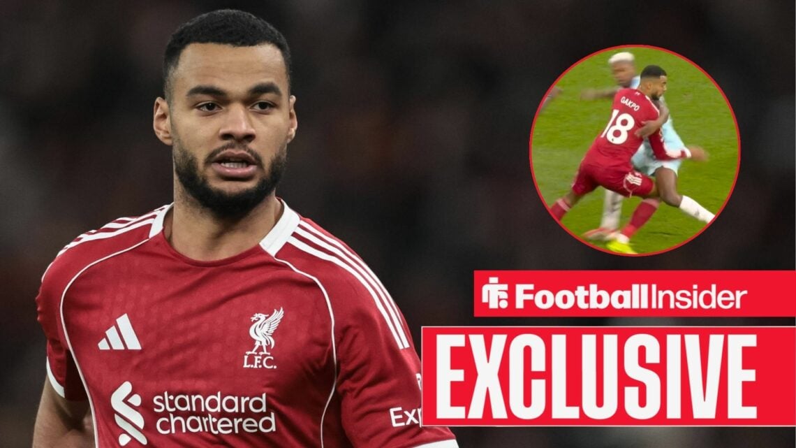 Cody Gakpo playing for Liverpool, Florentino's foul in a circular inset