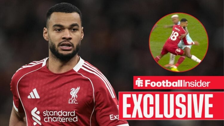 Cody Gakpo playing for Liverpool, Florentino's foul in a circular inset