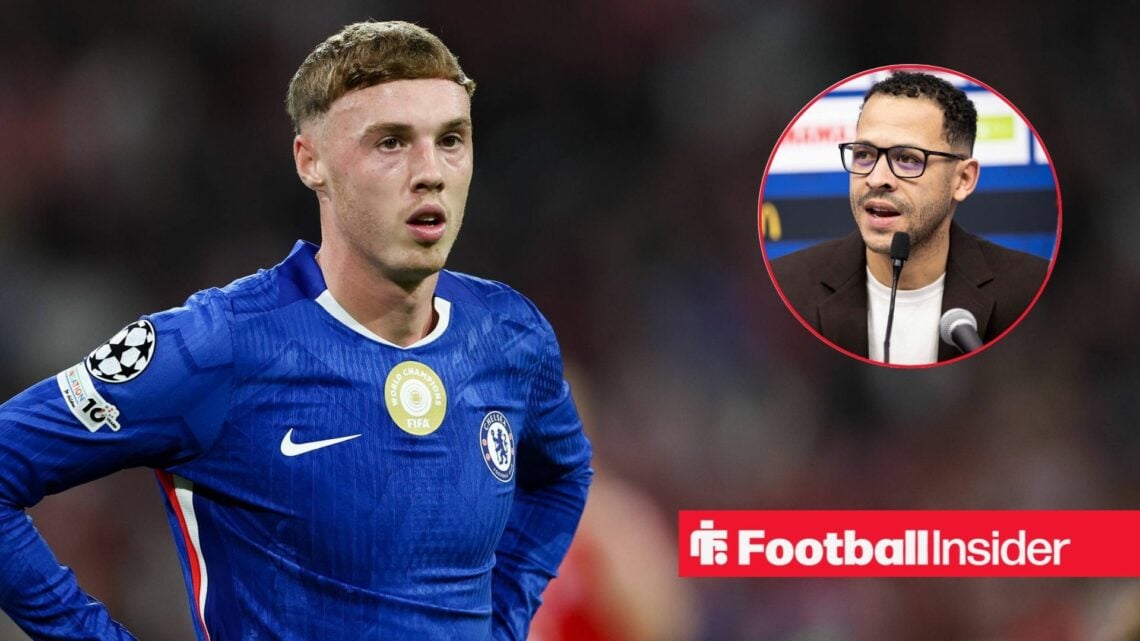 Cole Palmer playing for Chelsea, Liam Rosenior in a circular inset