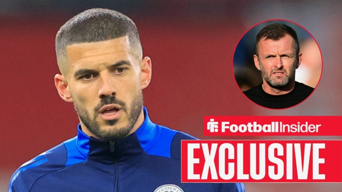 Conor Coady in a warm-up top, with Nathan Jones in a circular inset