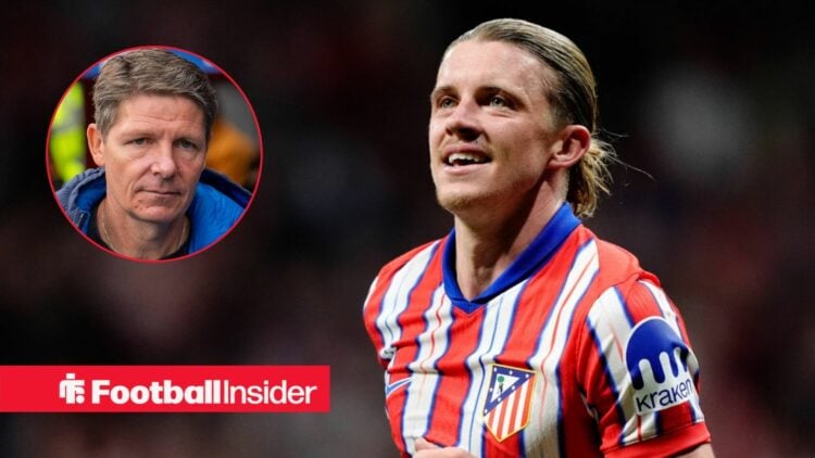 Conor Gallagher in action for Atletico Madrid, with Oliver Glasner in a circular inset