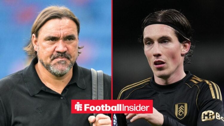 Daniel Farke pre-match for Leeds, with Harry Wilson in a circular inset