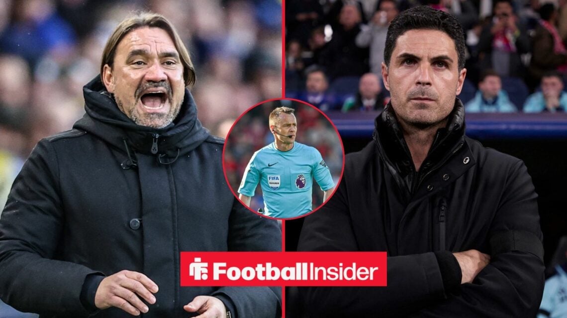 Daniel Farke and Mikel Arteta side-by-side, Stuart Attwell in a circular inset