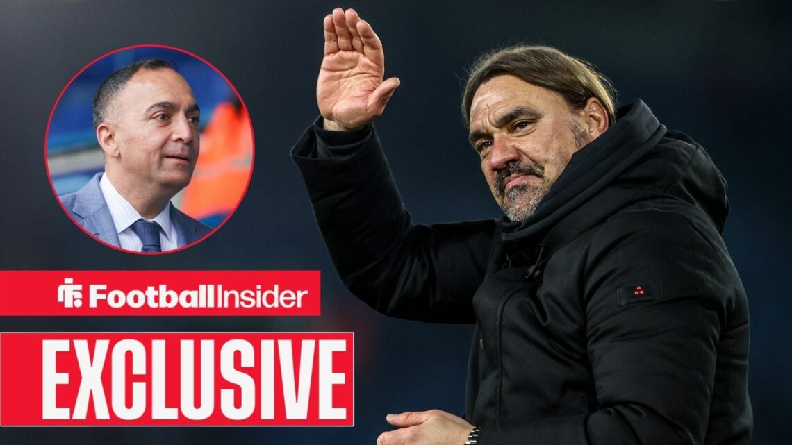 Football Insider exclusive as Leeds United manager Daniel Farke qwaves towards chairman Paraag Marathe, who features in a circular inset.