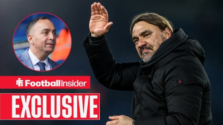 Football Insider exclusive as Leeds United manager Daniel Farke qwaves towards chairman Paraag Marathe, who features in a circular inset.