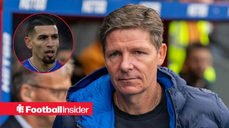 Oliver Glasner on the sidelines, with Daniel Munoz in a circular inset