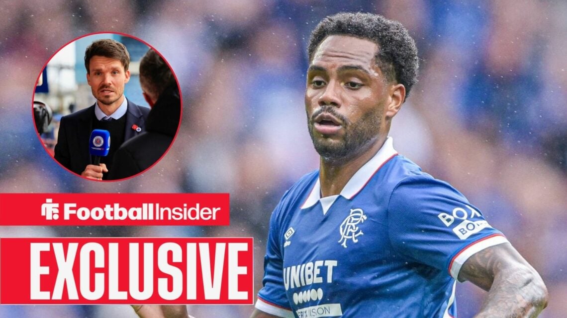Football Insider exclusive as Danilo is in action during a game for Rangers, while manager Danny Rohl is interviewed in a circular inset.