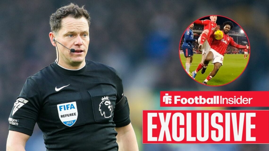 Darren England refereeing, Ola Aina handball in a circular inset