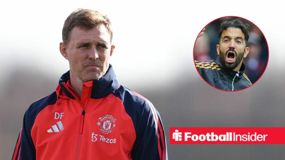 Darren Fletcher coaching at Man United, with Ruben Amorim in a circular inset