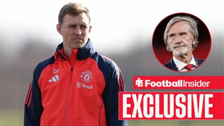 Football Insider exclusive as interim Manchester United manager Darren Fletcher glances towards a circular inset, where Sir Jim Ratcliffe watches on.