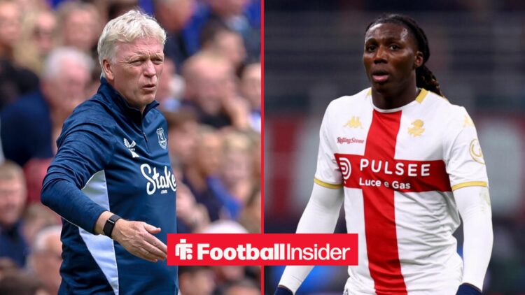 Everton manager David Moyes looks across a split image towards Brooke Norton-Cuffy, who is in action for Genoa.