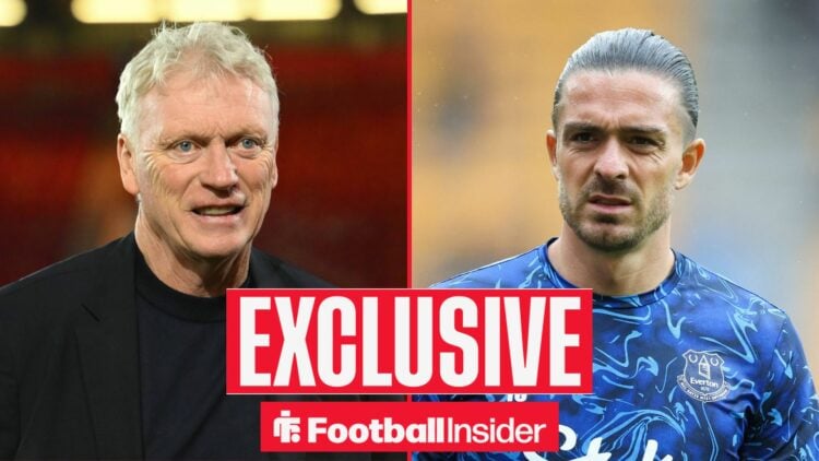 Football Insider exclusive as Everton manager David Moyes glances across a split image towards Jack Grealish.