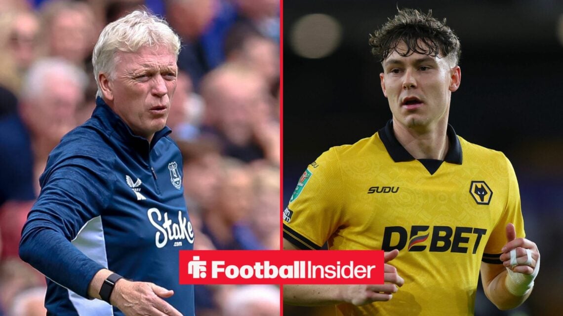 David Moyes in an Everton tracksuit top alongside Jorgen Strand Larsen in a Wolves shirt