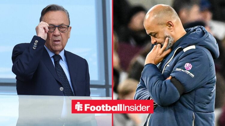 David Sullivan holding his glasses alongside Nuno Espirito Santo looking upset