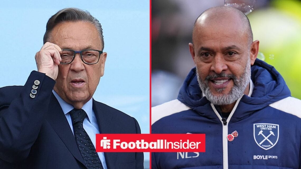 David Sullivan holding his glasses alongside Nuno Espirito Santo in a West Ham jacket