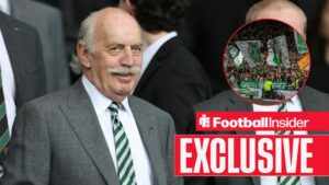 Football Insider exclusive as Celtic owner Dermot Desmond is in the stands at Celtic Park, as the fans wave flags in a circular inset.