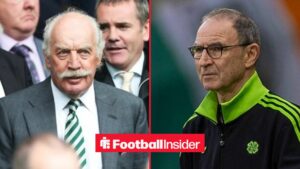 Dermot Desmond in the stands at Celtic, with Martin O'Neill on the sidelines