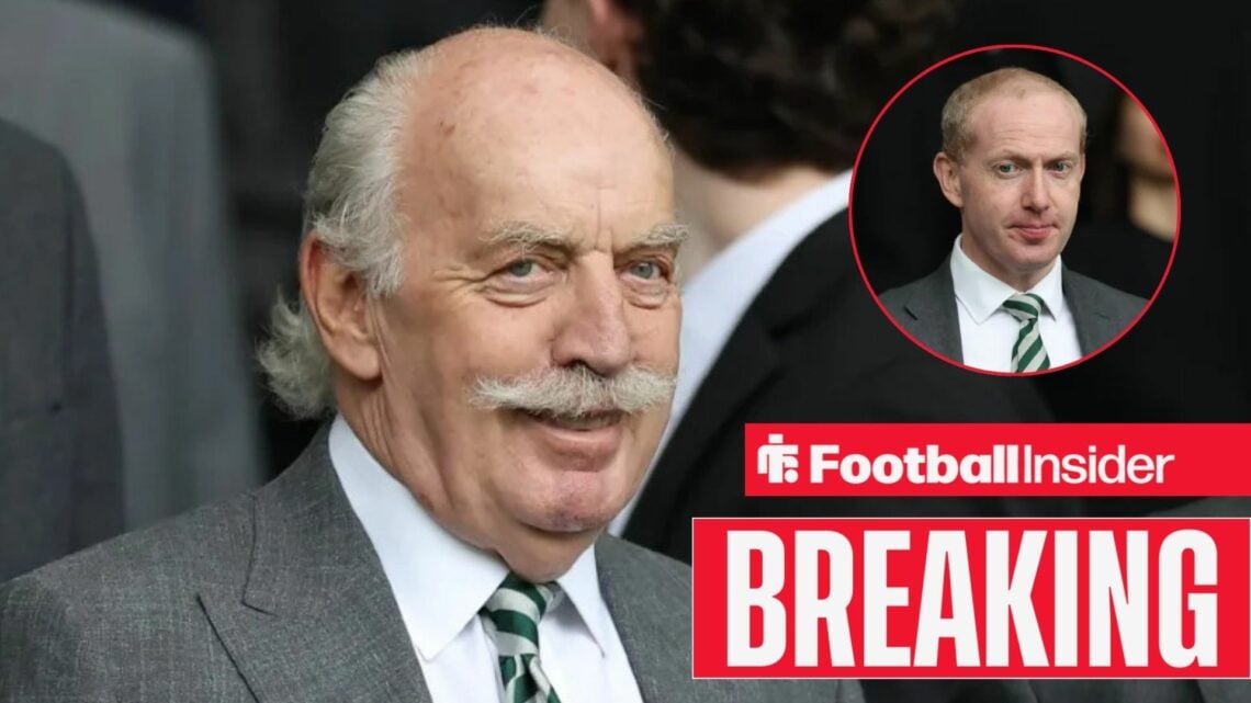 Dermot Desmond smiling with Michael Nicholson included in a circular inset
