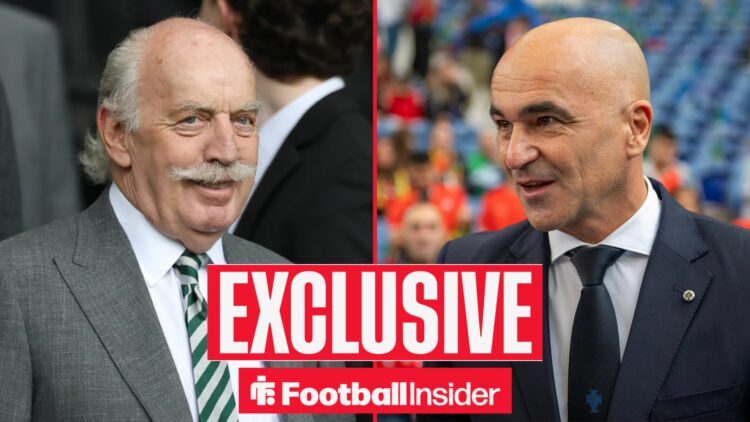 Football Insider exclusive as Celtic owner Dermot Desmond smiles across at Roberto Martinez.
