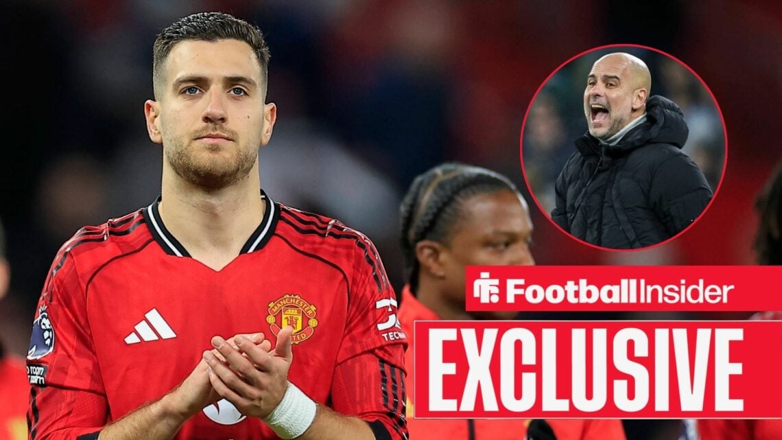 Diogo Dalot clapping, Pep Guardiola in a circular inset