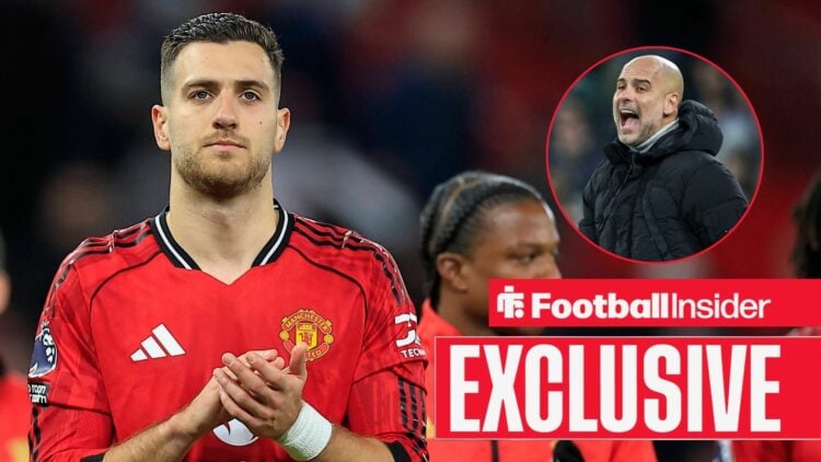 Diogo Dalot clapping, Pep Guardiola in a circular inset