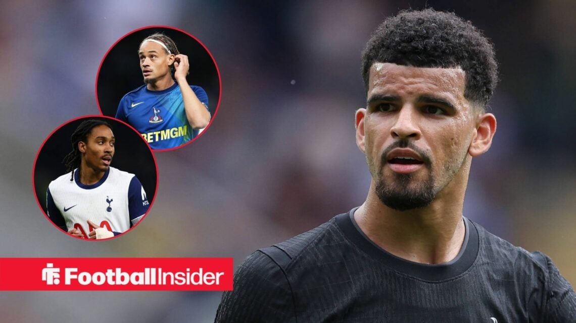 Dominic Solanke at Tottenham, Djed Spence and Xavi Simons in circular insets