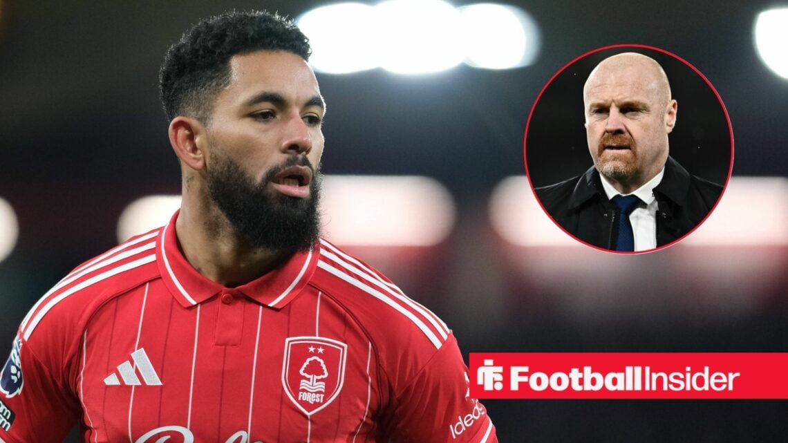 Douglas Luiz playing for Nottingham Forest, Sean Dyche in a circular inset