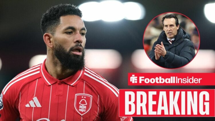 Douglas Luiz playing for Nottingham Forest, Unai Emery in a circular inset