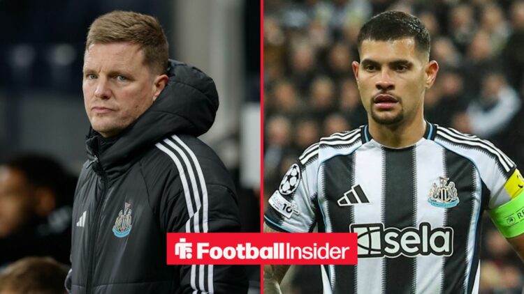 Newcastle manager Eddie Howe glances across a split image towards Bruno Guimaraes, who is in action in the right half of the image.