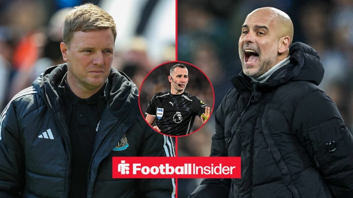 Eddie Howe and Pep Guardiola side-by-side, Chris Kavanagh in a circular inset