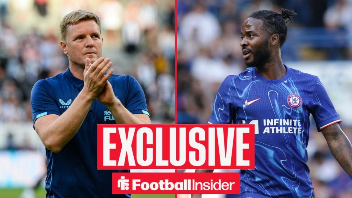 Football Insider exclusive as Newcastle United manager Eddie Howe applauds on the left of a split image, as Raheem Sterling is in action for Chelse...