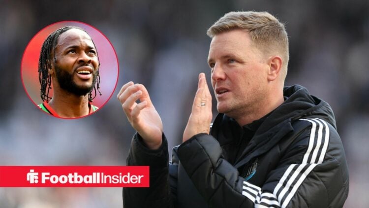 Eddie Howe applauding, with Raheem Sterling in a circular inset