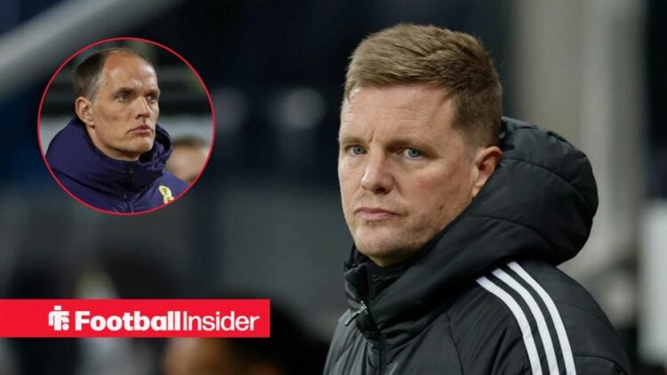 Eddie Howe in the dugout at Newcastle, with Thomas Tuchel in a circular inset