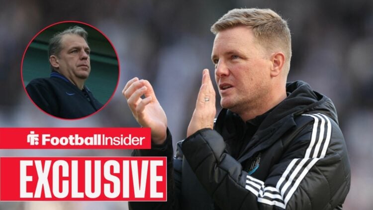 Eddie Howe applauding at St James' Park, with Todd Boehly in a circular inset