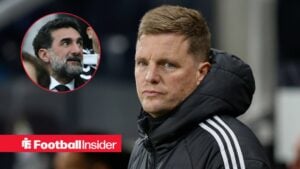 Eddie Howe in a Newcastle United training jacket with Yasir Al-Rumayyan included in a circular inset