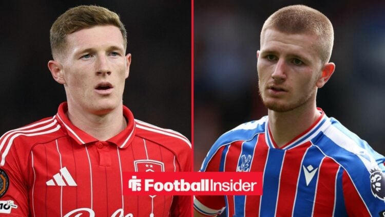 Elliot Anderson in action for Nottingham Forest, with Adam Wharton in action for Crystal Palace
