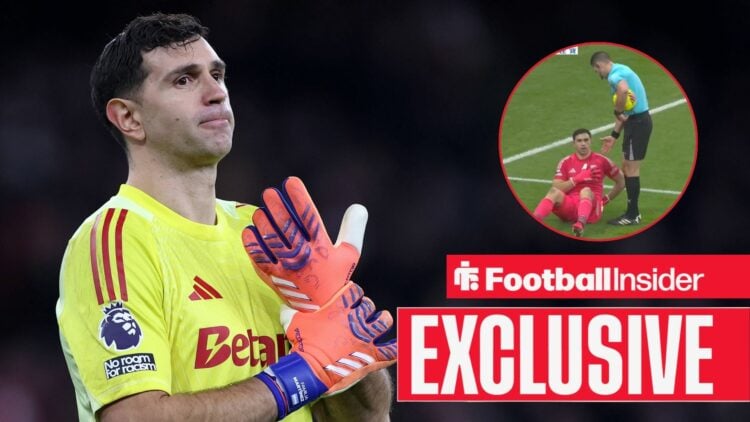Emi Martinez putting on his gloves, Aston Villa goalkeeper feigning injury in a circular inset