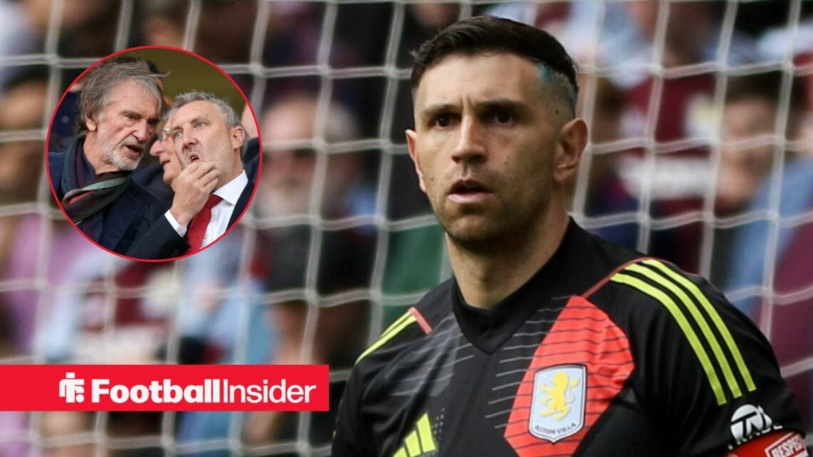 Emiliano Martinez in action for Aston Villa, with Sir Jim Ratcliffe and Jason Wilcox in a circular inset