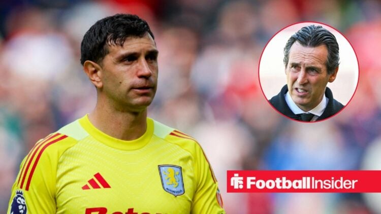 Emiliano Martinez in action for Aston Villa, with Unai Emery in a circular inset