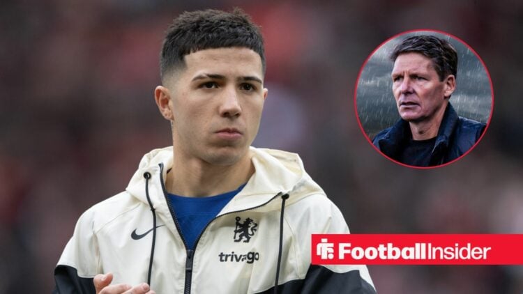 Chelsea midfielder Enzo Fernandez stands before a game, as Crystal Palace manager Oliver Glasner features in a circular inset.