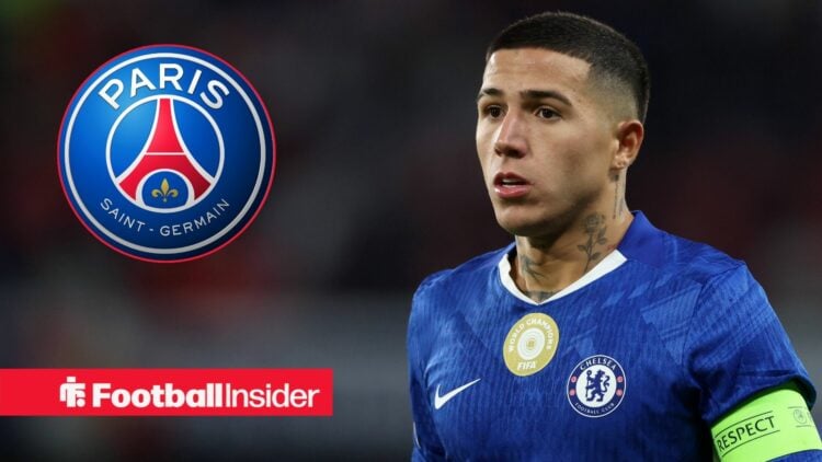 Enzo Fernandez playing for Chelsea, PSG badge